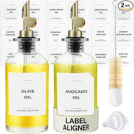 Olive Oil Dispenser Bottle - Includes 55 Kitchen Essential Labels - Cooking Oil Bottles for Kitchen, Coffee Syrup Dispenser - Pourer Spout with 11.8 fl oz Glass Container Cruet - 2pcs, Gold