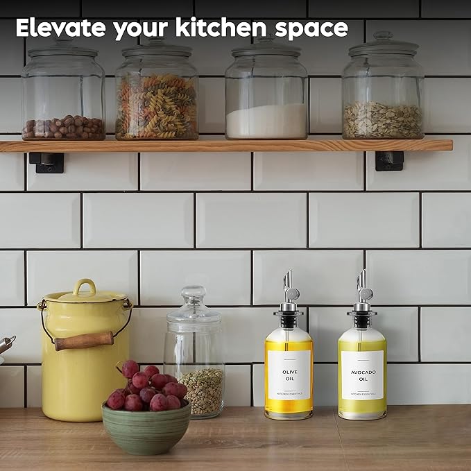 Olive Oil Dispenser Bottle - Includes 55 Kitchen Essential Labels - Cooking Oil Bottles for Kitchen, Coffee Syrup Dispenser - Pourer Spout with 11.8 fl oz Glass Container Cruet - 4pcs Silver