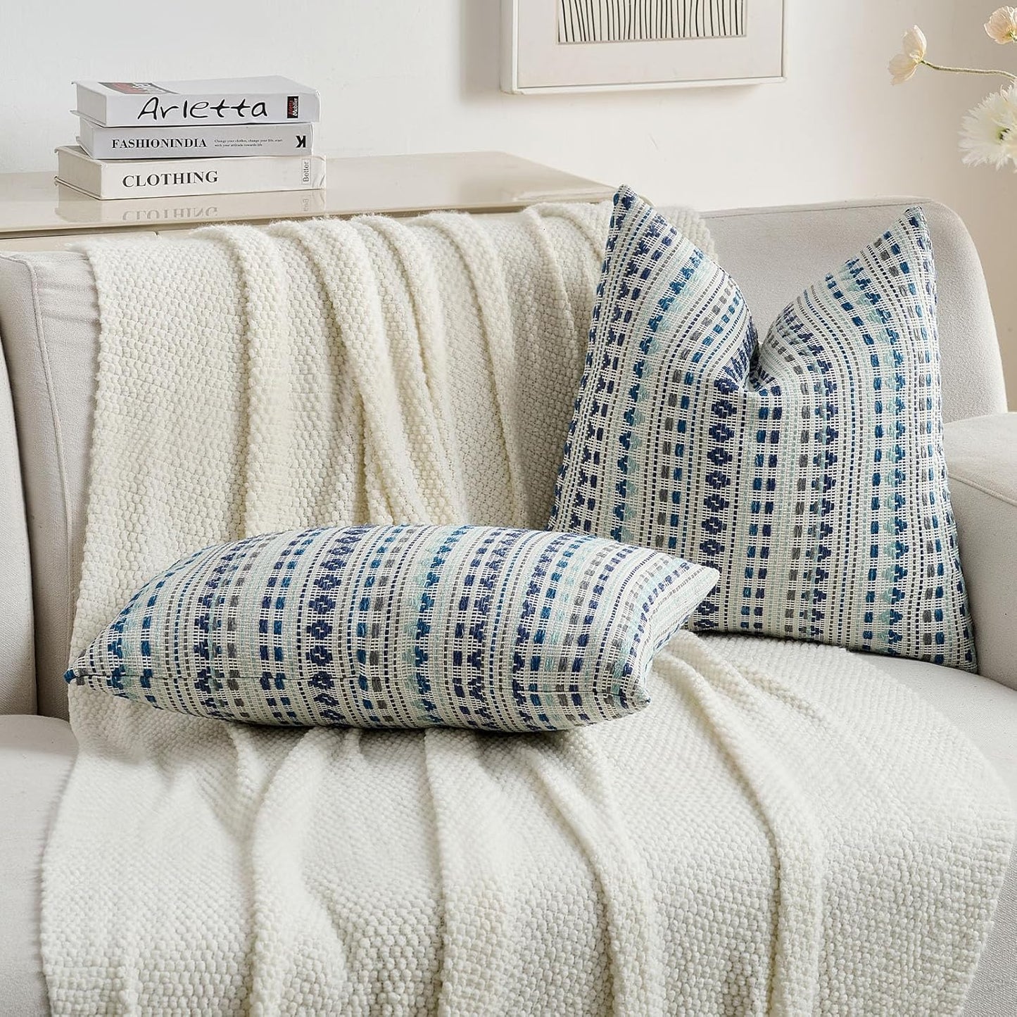 FUTEI Blue Grey Decorative Throw Pillow Covers 18x18 Inch Set of 2,Soft Cozy Chenille Jacquard Textured Cushion Case,Boho Home Decor for Couch Bed Living Room