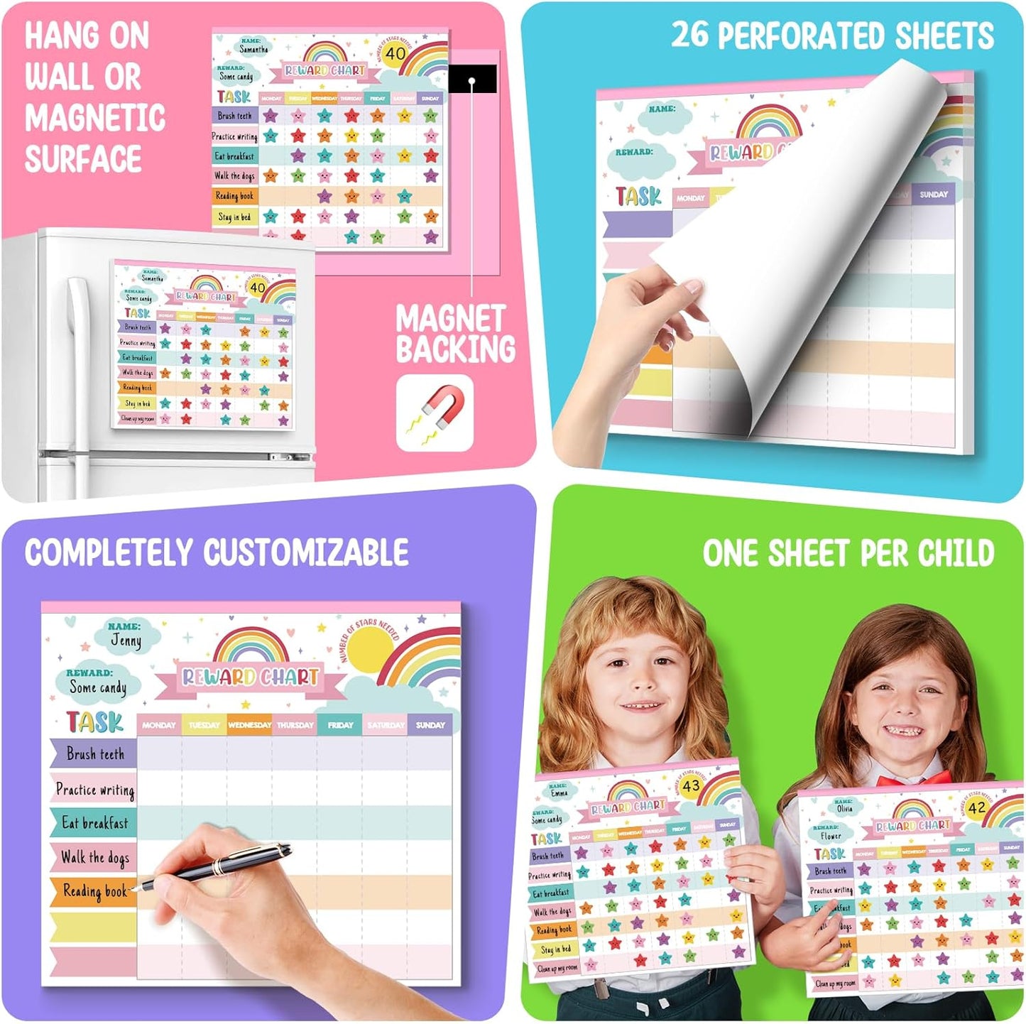 Reward Chart for Kids,Magnetic Behavior Chore Chart for Kids at Home,26 Rainbow White Chore Charts,1960 Star Stickers,56 Reward Stickers,Incentive Chore Chart to Develop Responsibility and Good Habits