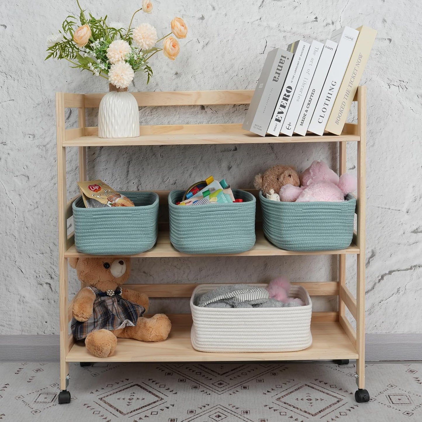 Small Woven Storage Baskets 12“X8”X5“ Decorative Rope Bins for Organizing Shelves, Closets, and Toys, Empty Gift Baskets, Cute Organizer Basket for Home and Office (green, regular)