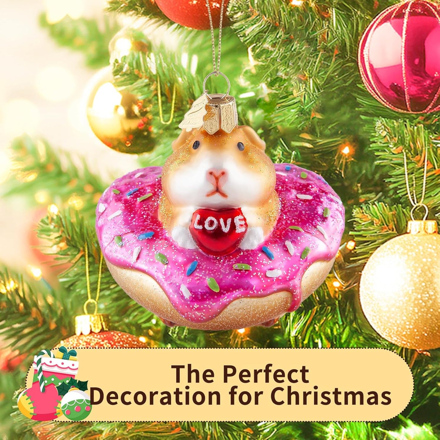 Christmas Tree Ornaments,Hand-Blown Glass Ornaments,Guinea Pig Collection Figurine Hanging Ornaments, Donut Pendant Ornament,Christmas Decorations for Xmas Tree Holiday Party Home Gifts