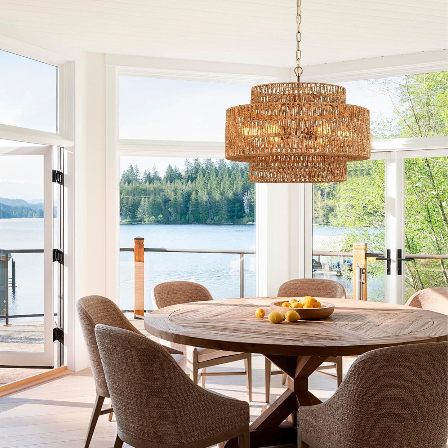 Hand-Woven Rattan Chandelier Vintage Farmhouse 6-Lights Boho Bamboo Chandelier Light Fixture 23.6" Retro 3-Tier Drum Wicker Rattan Golden Chandeliers for Dining Room, Kitchen, Living Room