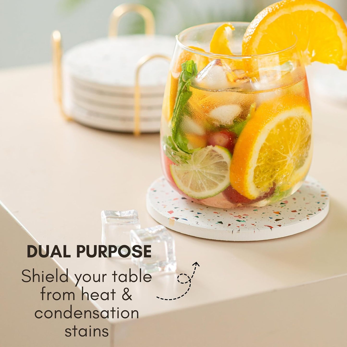 Terrazzo Drink Absorbent Coasters with Holder Set of 6, Ceramic Coaster for Drinks, Coffee Table Decor, Water Absorbing Stone Coaster for Drinks (Confetti)