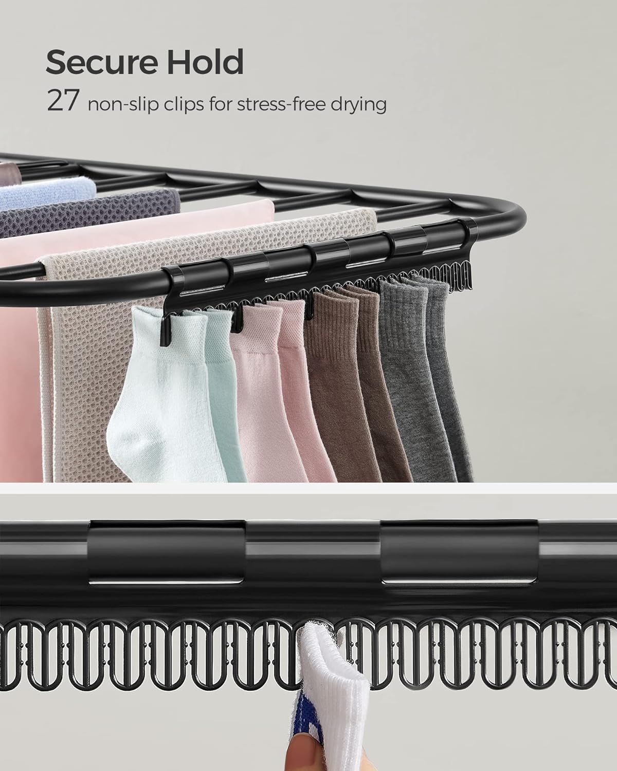 SONGMICS Clothes Drying Rack, Foldable 2-Level Laundry Drying Rack, Free-Standing Laundry Airer, with Height-Adjustable Wings, 33 Drying Rails, Sock Clips, Black ULLR053B01V1