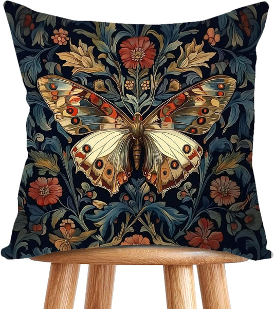 William Morris Abstract Vintage Floral Velvet Butterfly Design Throw Pillow Covers Home Decor, Retro Art Deco Pillowcase Cushion Cover for Bed Sofa Living Room, Square 18x18inch (Blue-Butterfly)