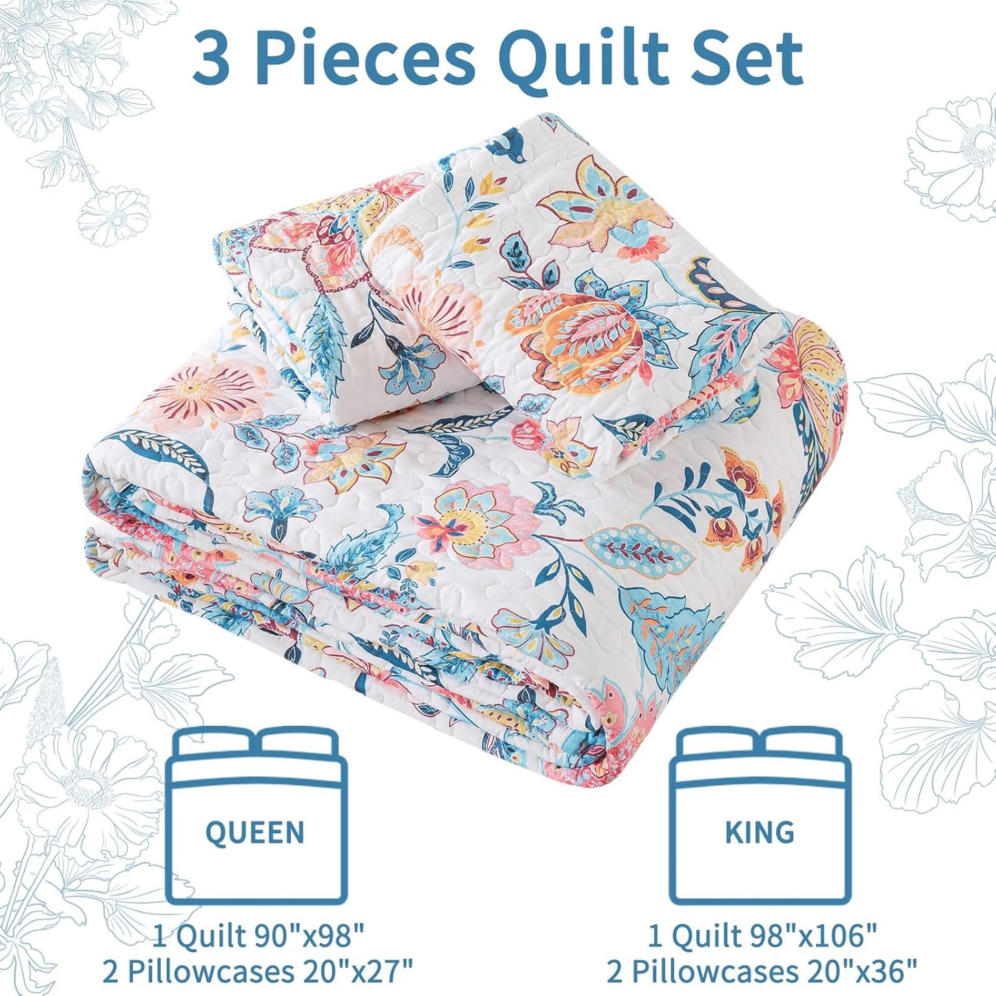 VAPUTAR Garden King Size Bedspread for Adults - Floral Quilt King Size Bedding Set (98 x 106 inch) with 2 Pillow Shams - Lightweight Reversible Coverlet Quilt for Bedroom, 3 Pieces