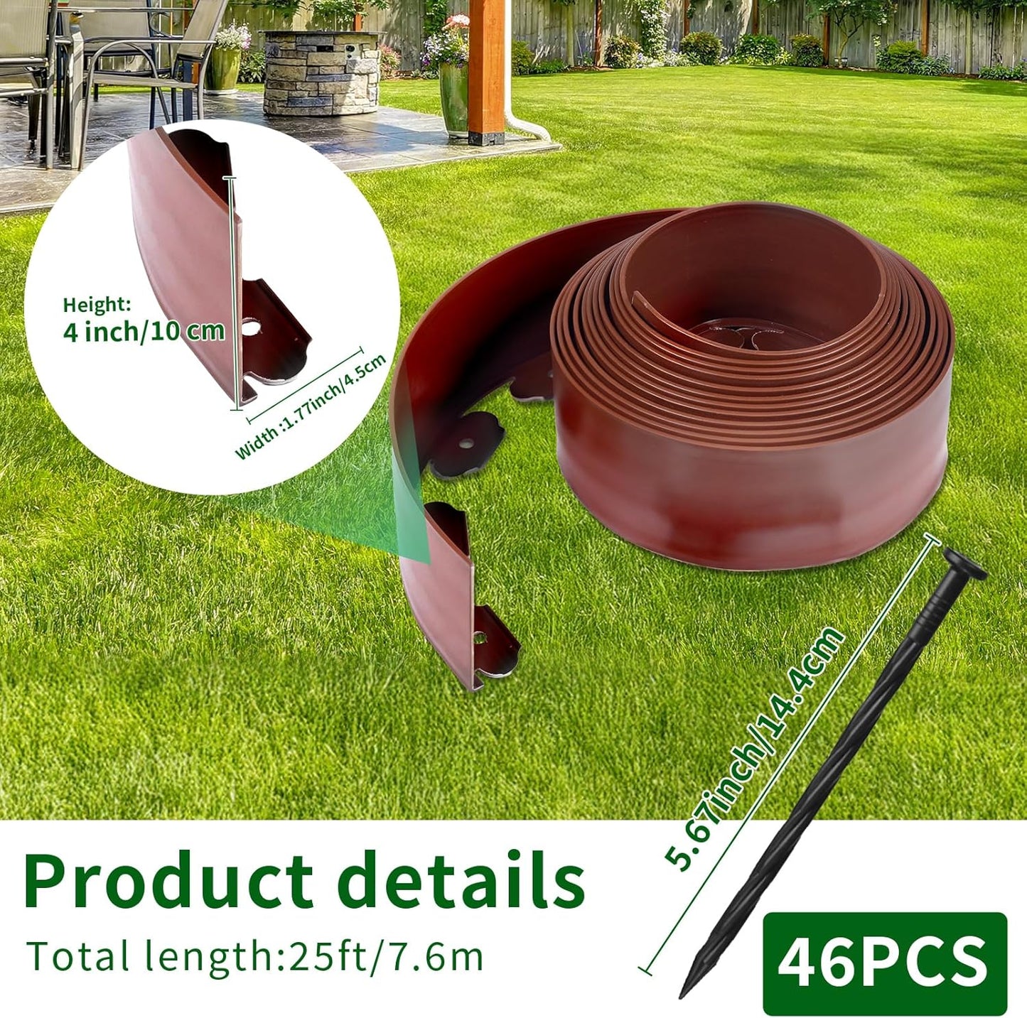 4 in x 25 Ft Garden Landscape Edging, No Dig Garden Edging Border Kit with 46 Pcs Spikes for Flower Bed Lawn Yard Grass Brown