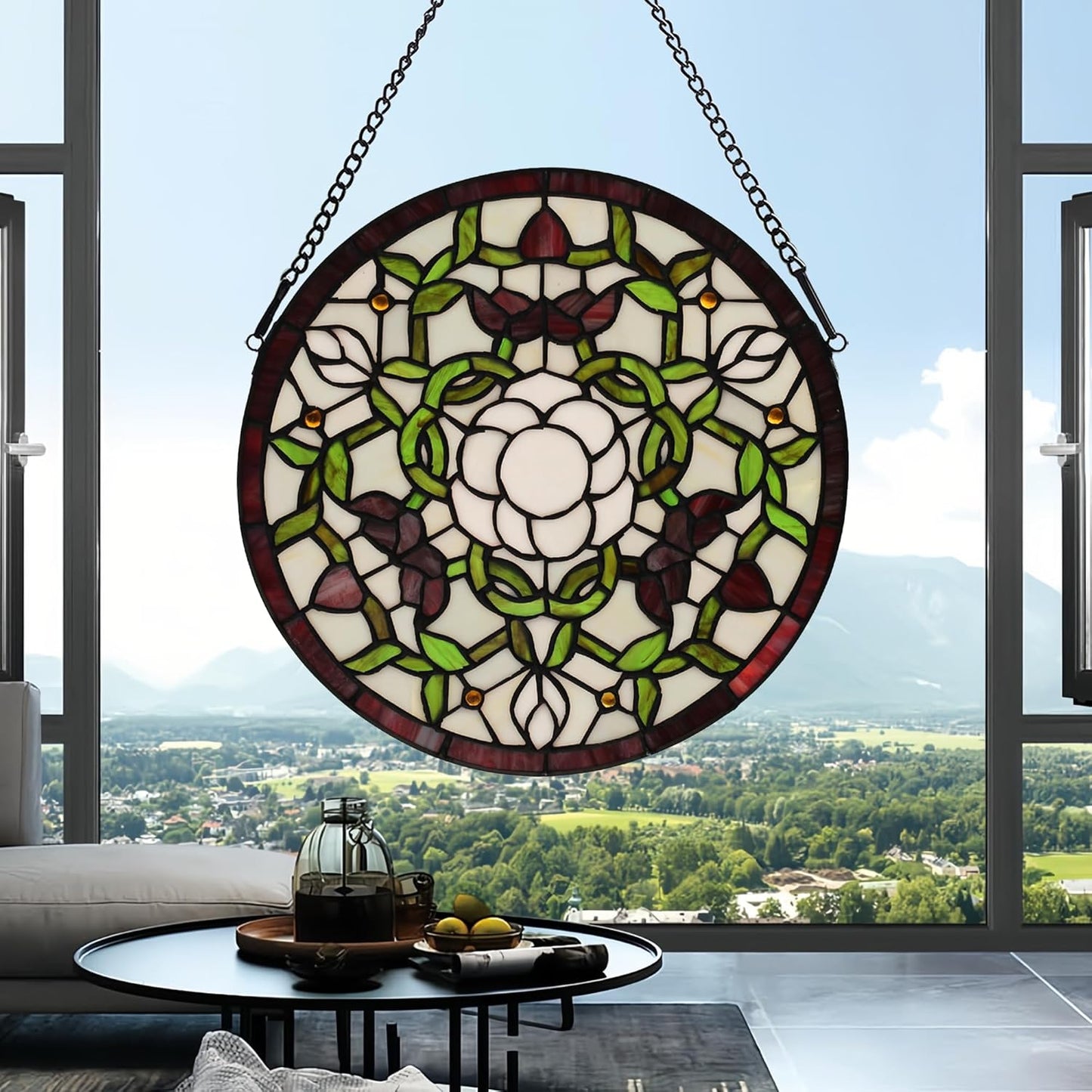 Handcrafted Stained Glass Window Panel - 12-Inch Round Floral Design with Vibrant Colors, Elegant Decorative Hanging Art for Home Décor, Includes 20-Inch Chain & Hook (Green iris)