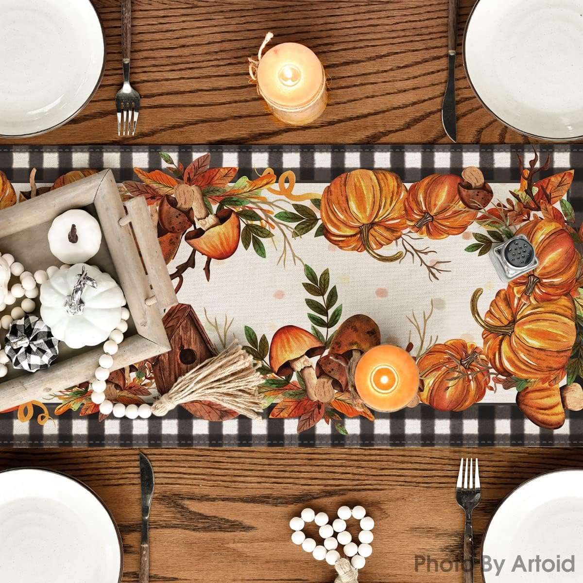 Artoid Mode Buffalo Plaid Pumpkins Mushrooms Birdhouse Leaves Table Runner, Seasonal Fall Harvest Vintage Kitchen Dining Table Decoration for Indoor Outdoor Home Party Decor 13 x 72 Inch