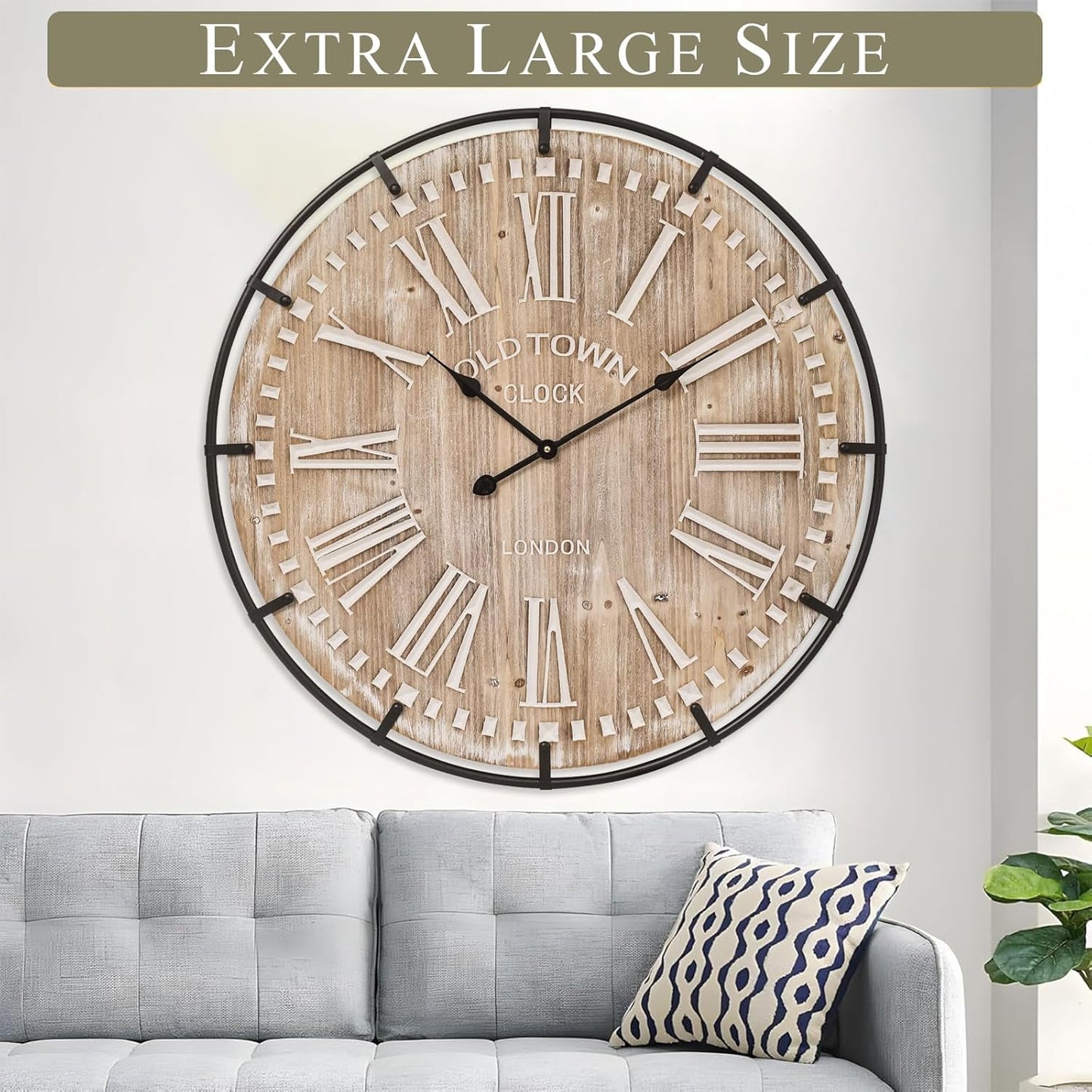 Farmhouse Wall Clock 30 Inch - Rustic Wood Metal Decor, Silent Sweep, Battery Operated for Living Room Kitchen Office, Brown