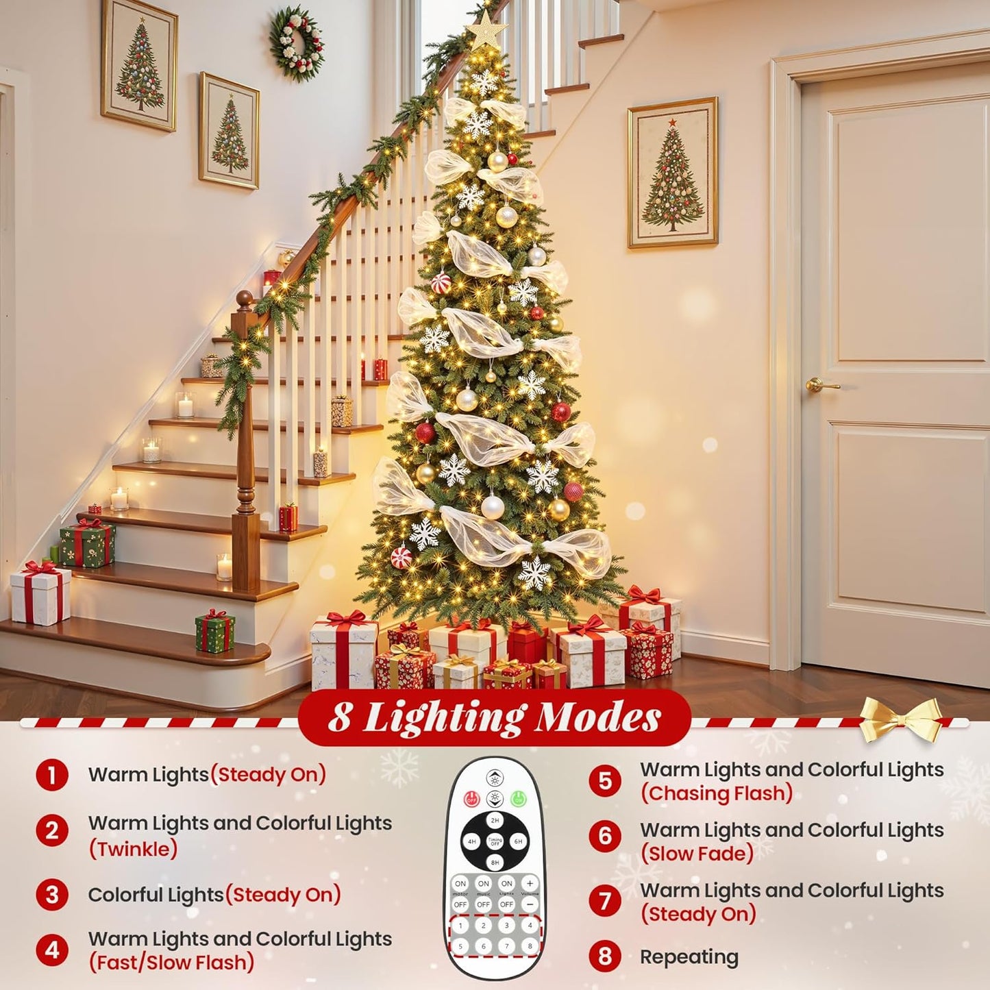 6.5ft Slim Pencil Christmas Tree Pre-lit, Remote Control, Rotating & Foldable Stand, RGB & Warm White Light for Home Decor