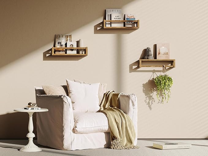 Upgraded Thick Floating Shelves - Multi-Use Wall-Mounted Bookshelves for Kids and Nursery, Ideal for Books, Toys, Spice Rack, Decor - Walnut Brown