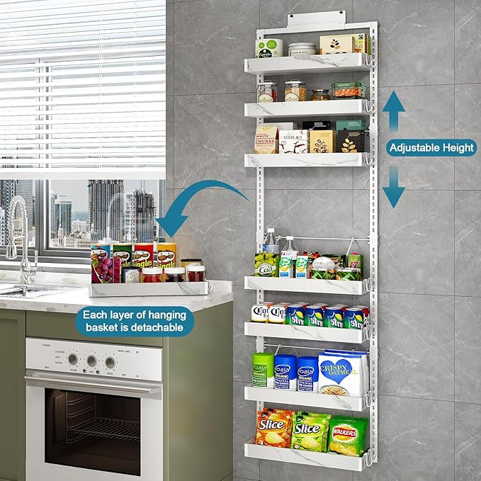 bukfen Over the Door Pantry Organizer,8-Tier Adjustable Basket Kitchen Pantry Door Organization and Storage, Heavy-Duty Metal Hanging Kitchen Spice Rack,D6.3 x W17.32 x H66.93 inch,White Marble Color