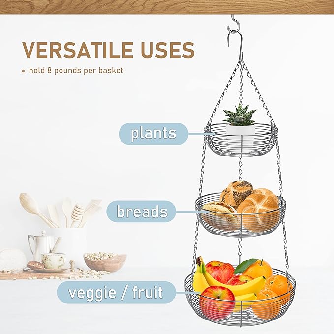 CAXXA 3-Tier Hanging Basket Fruit Organizer Kitchen Heavy Duty Wire Organizer with 2 Free Bonus Metal Ceiling Hooks, Chrome