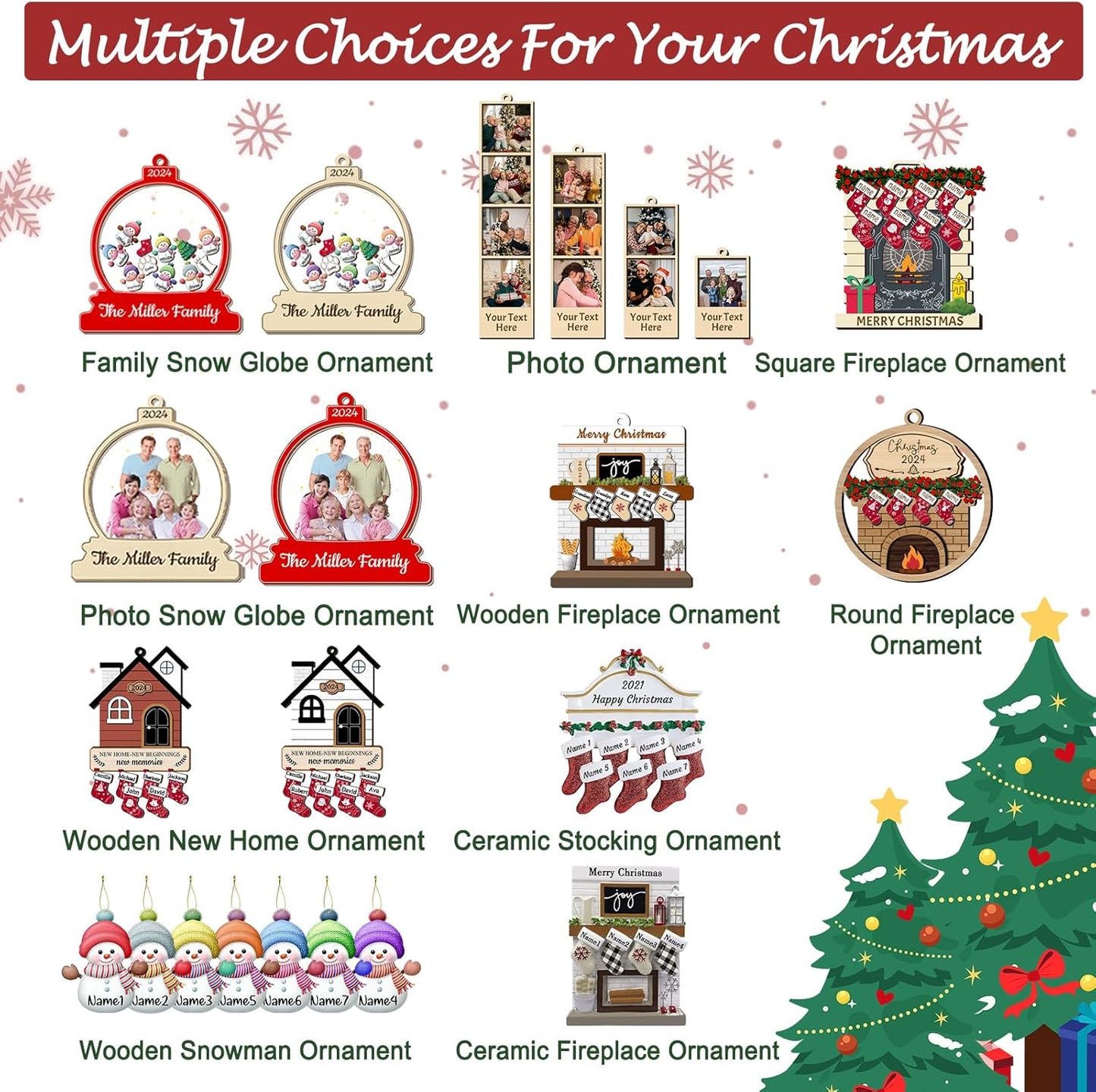 Personalized Christmas Ornaments with Names of 2/3/4/5/6/7/8 Custom Family Ornament Customized Xmas Tree Hanging Ceramic Decoration Gift Fireplace