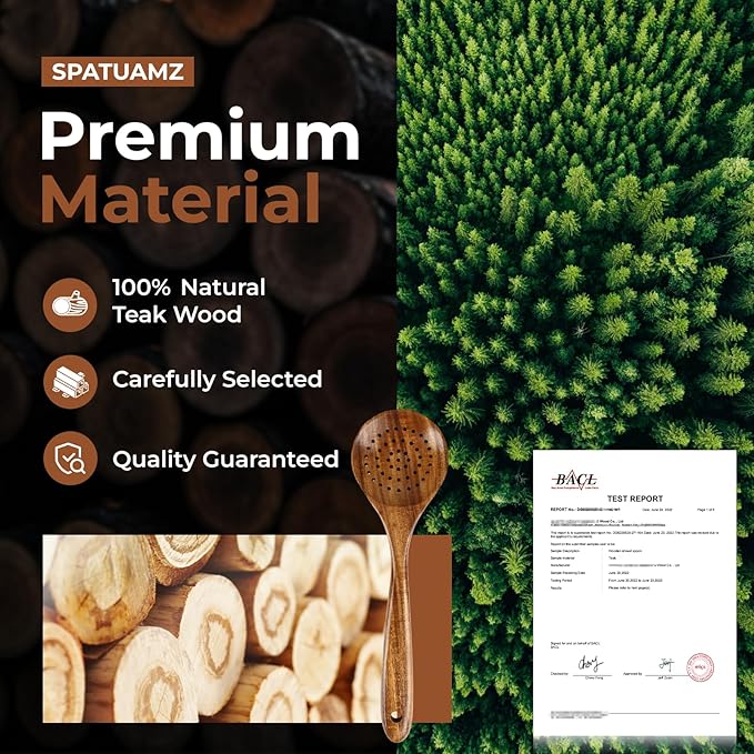 SPATUAMZ Natural Kitchen Utensils Set Wooden, Teak Wooden Spoons for Cooking, Wooden Utensils Set of 9 for Any Kitchen