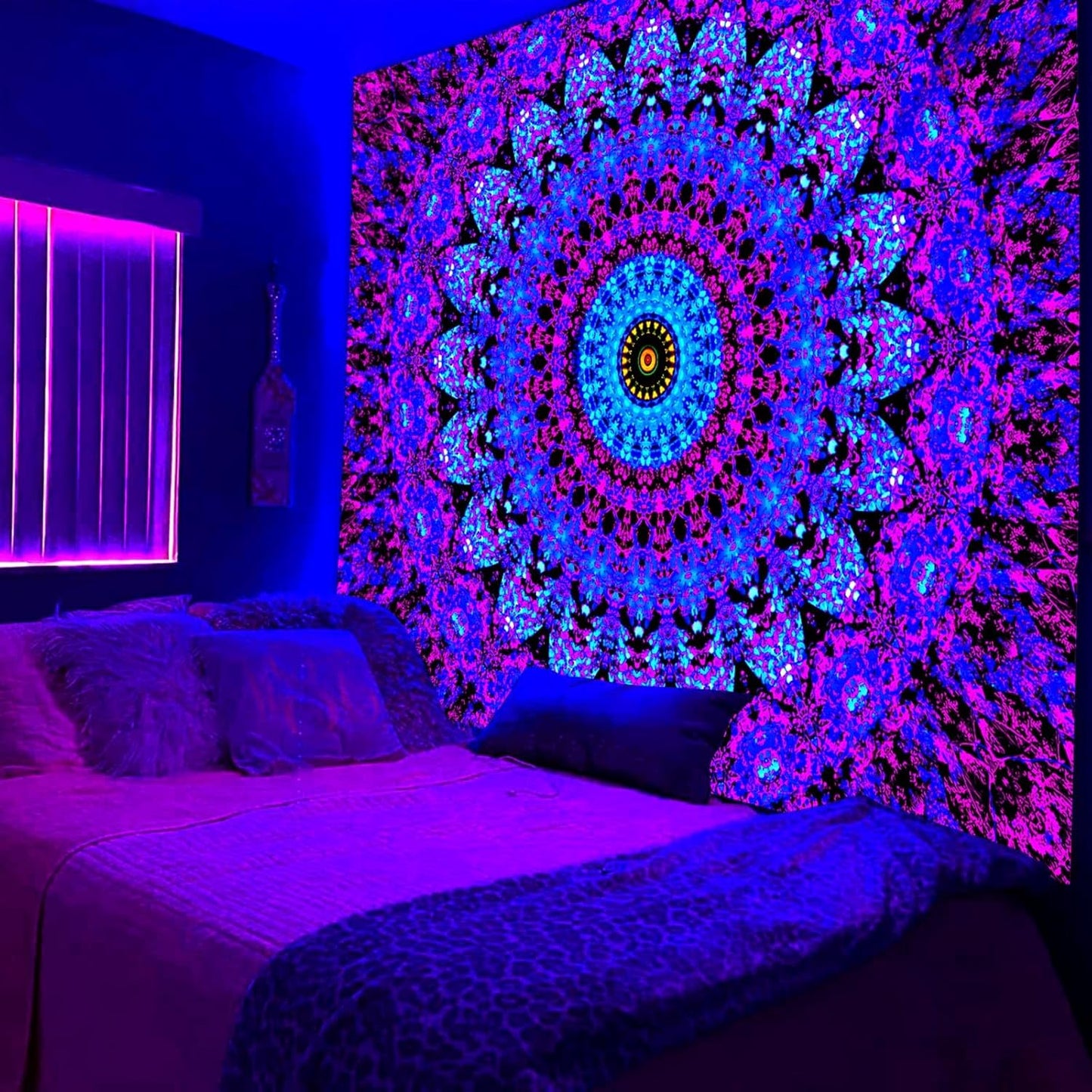 Blacklight Mandala Boho Tapestry, Black Light Bohemian Hippie Poster for Adults and Teens, UV Reactive Aesthetic Wall Art Decor for Bedroom (80 x 60 Inches)