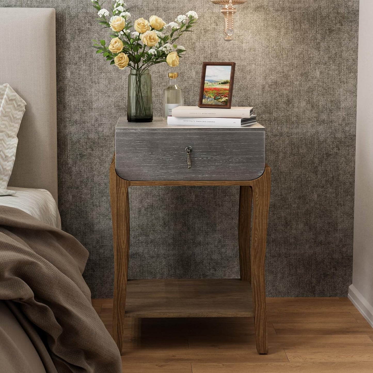 COSIEST Rustic Nightstand, 2-Tier Farmhouse Bedside Table, Wood Accent End Table with Storage Drawer and Open Display Shelf for Bedroom Nursery Living Room (Black & Silver)