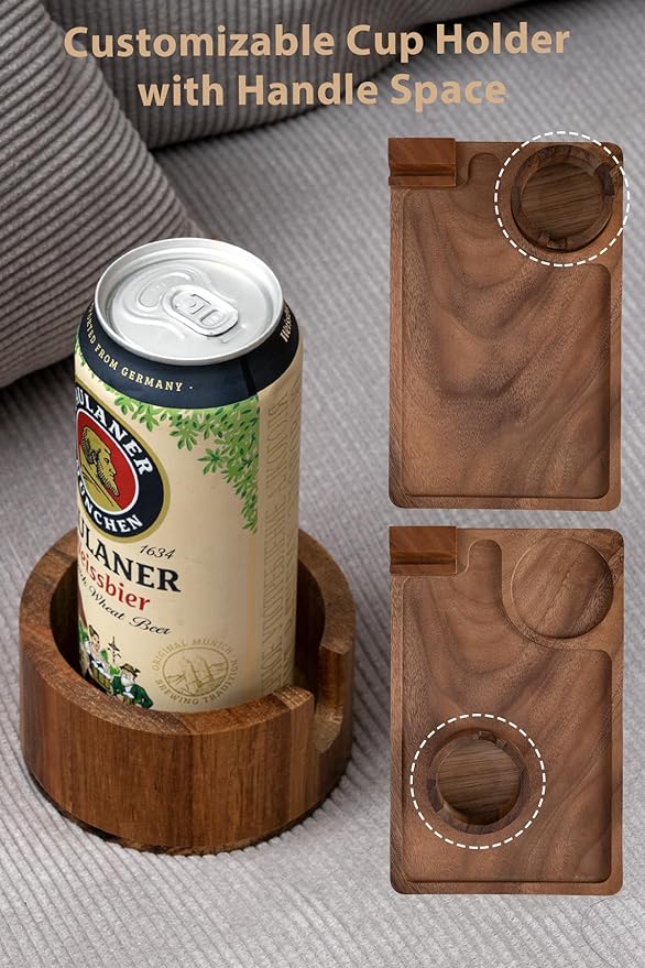 Sofa Arm Tray, Acacia Wood Couch Cup Holder, Portable Large Sofa Armrest Tray Anti-Spill Beverage Snack Remote Holder