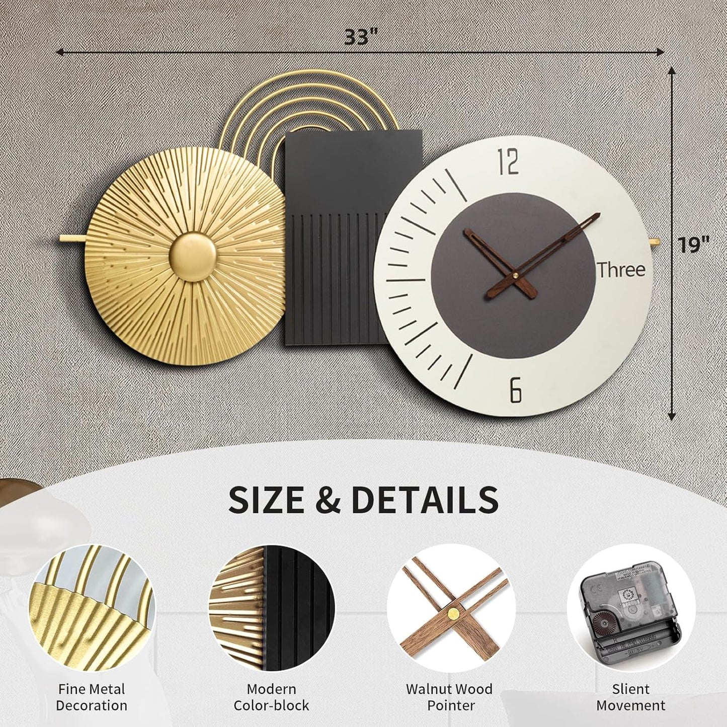 33inch Modern Wall Clock Decorative Clocks for Living Room,Light Luxury Style Timepiece, Metal & Wood Watch Battery Operated Perfect for Suitable for Living Room,Bed Room, Kitchen, Office