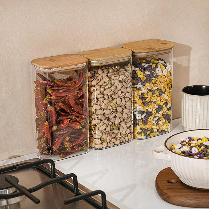 56oz Rectangle Airtight Glass Storage Containers with Bamboo Lids (Set of 4), Square Food Storage Jar, Pantry Organizers for Oats, Cereal, Pasta and Coffee beans (‎with Black Lable)