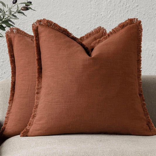 Foindtower Set of 2 Decorative Linen Fringe Throw Pillow Covers Farmhouse Cushion Cover with Tassels Soft Accent Pillowcase for Couch Chair Sofa Bed Living Room Home Decor,22×22 Inch,Fall Rust Orange