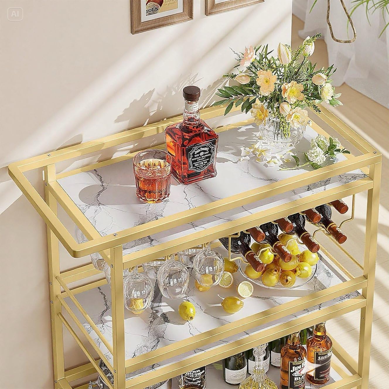 Leteuke Bar Cart for Home, 3 Tier Gold Serving Rolling Carts with Wheels, Drink Cart, Liquor Stand with Marbled Wooden Shelves, Wine Rack and Glass Holder for Kitchen, Dining Room