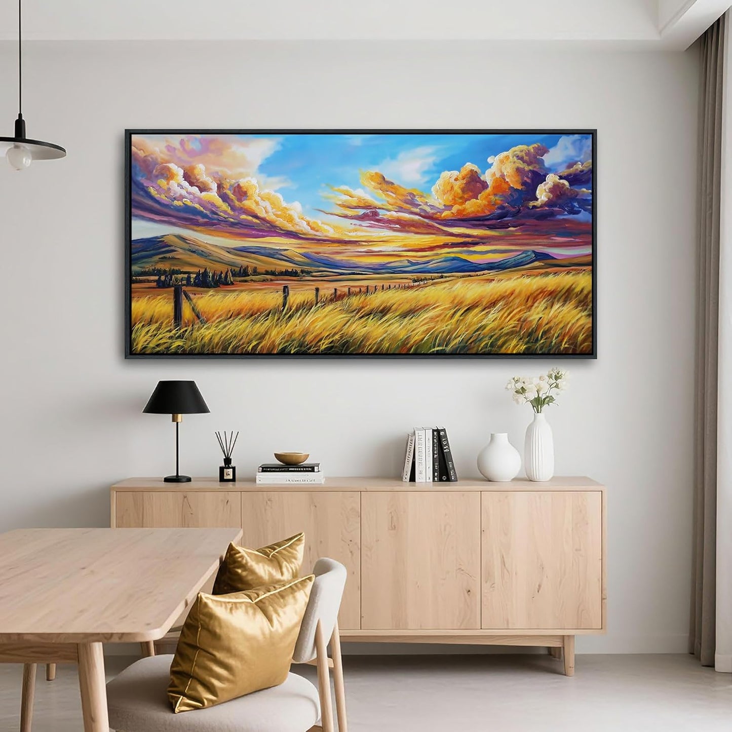 QZQCBLC Large Framed Wall Art, Rustic Grass Mountain Clouds Yellow and Blue Fall Landscape Canvas Print Wall Pictures Paintings Artwork for Living room Bedroom Home Office Artwork Decor 29x58 IN