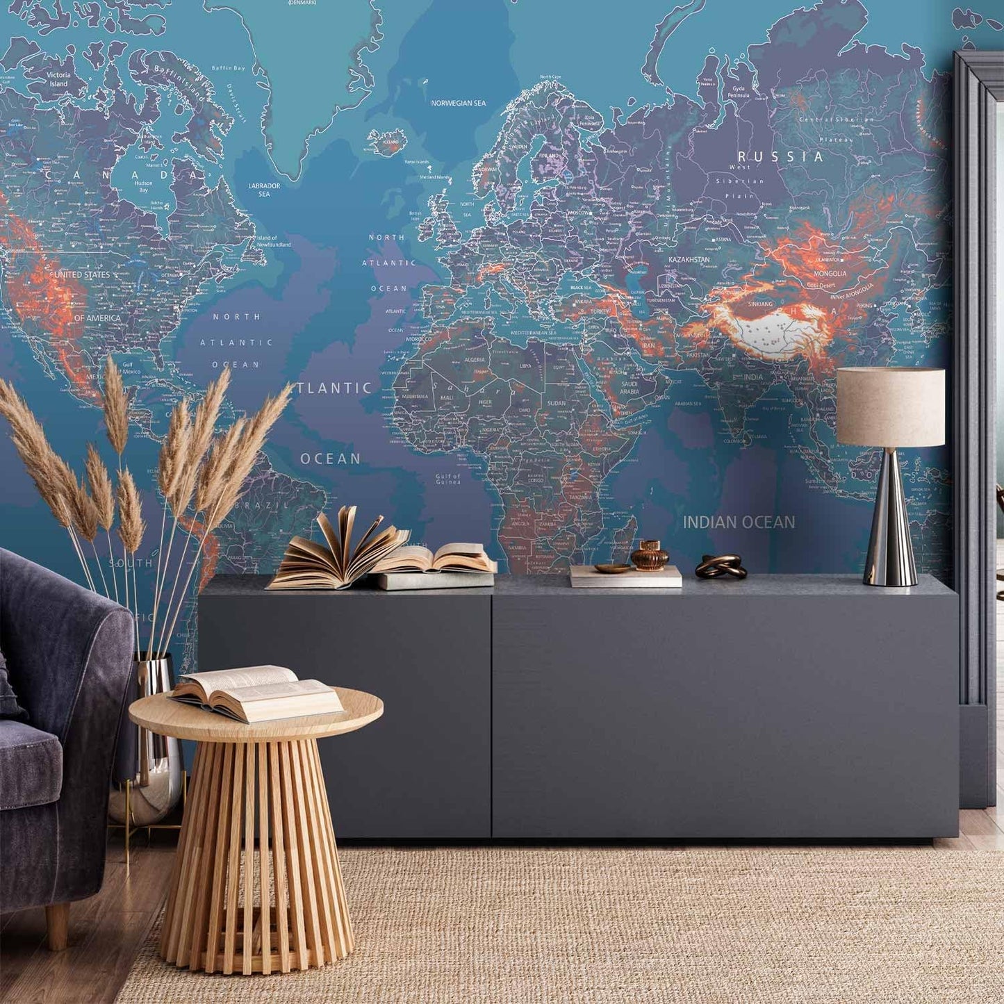 artgeist Premium Wall Mural World Map 118x83 in - XXL Non-Woven Wallpaper Fleece Wall Decor Photo Print Picture Image Design Home Map of The World k-A-0061-a-d