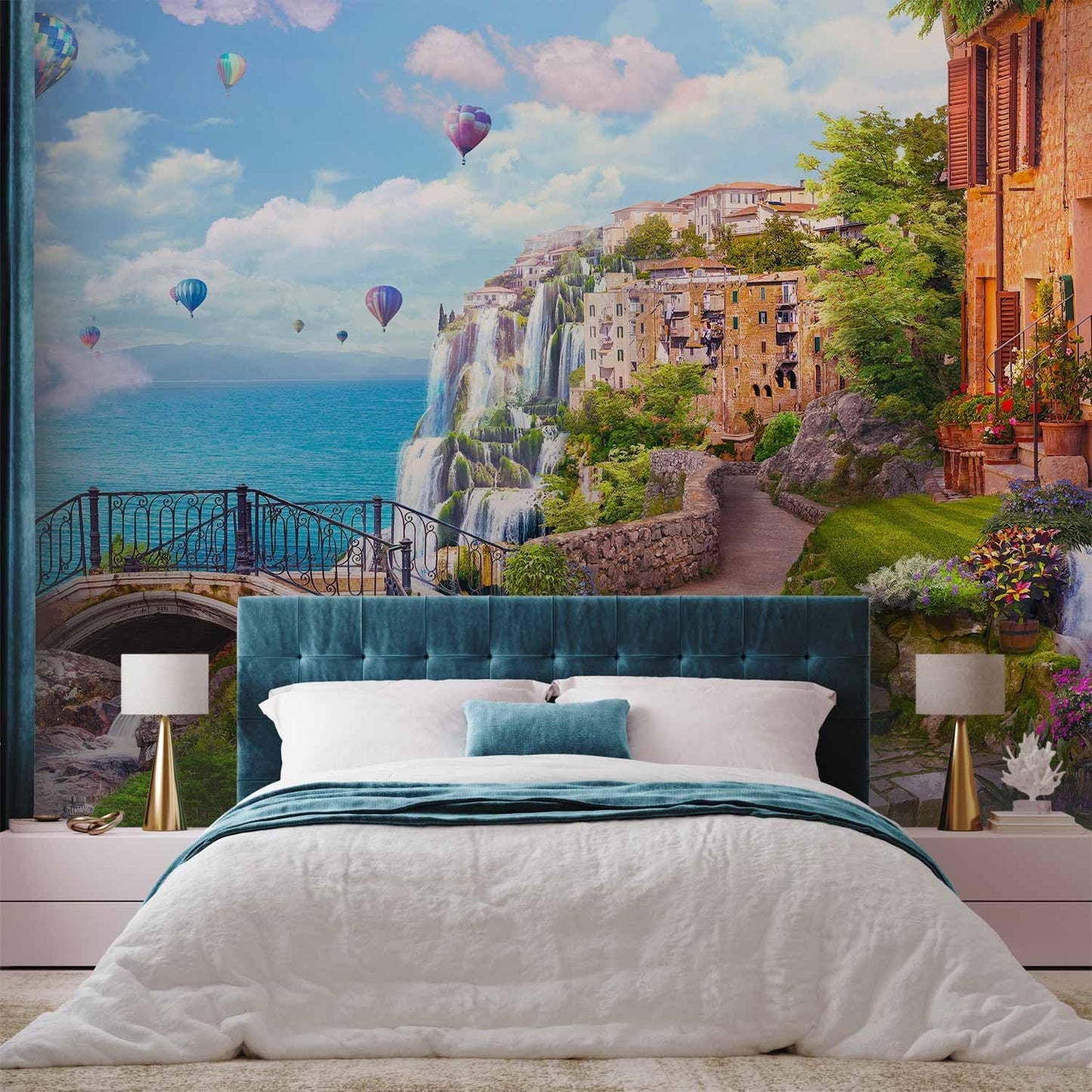 artgeist Wall Mural Landscape 216x98 in - XXL Non-Woven Corner Wallpaper Fleece Angle Wall Decor Photo Print Picture Baloons Waterfall Architecture Landscape Clouds c-B-10182-a-a