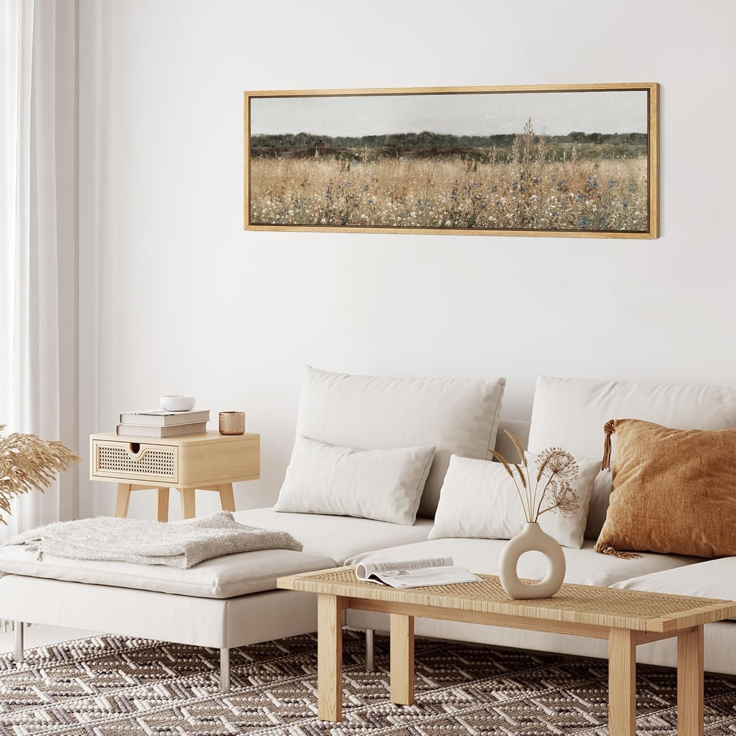 MUDECOR Large Framed Canvas Print Wall Art Misty Morning Meadow with Wildflowers Antique Retro Fine Art Illustrations Decorative Colorful for Bedroom - 60"x20"