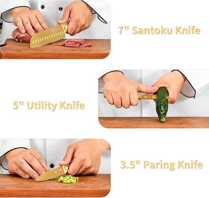 ZHANG XIAO QUAN SINCE 1628 15Pcs Knife Sets with Block, 50Cr15MoV Stainless Steel kitchen knife set with Built-in Sharpener Dishwasher Safe(Golden)