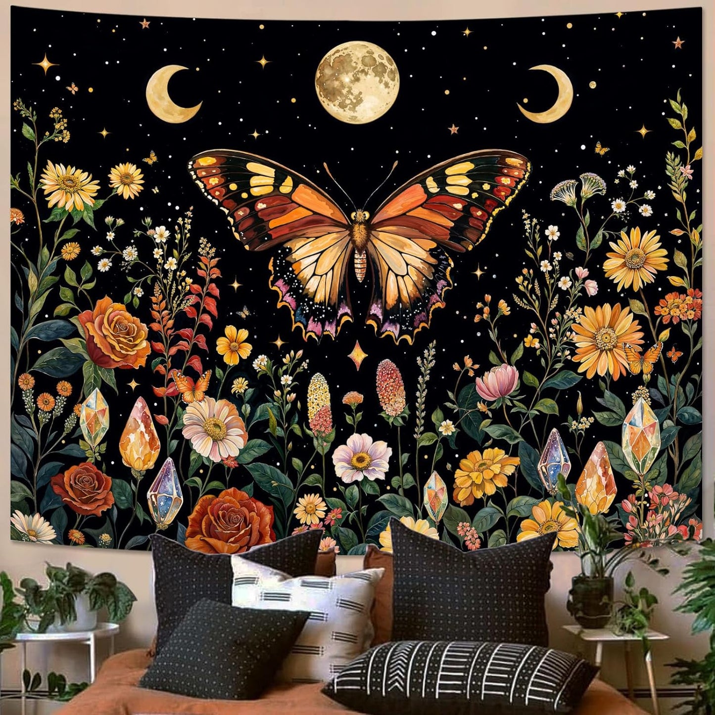 Lunerfex Boho Butterfly Tapestry Flower Moon Wall Tapestry, Moon Phases Tapestries for Bedroom Cute Tapestries Wall Hanging for Bedroom Living Room Decor Butterfly-2 70"x90"