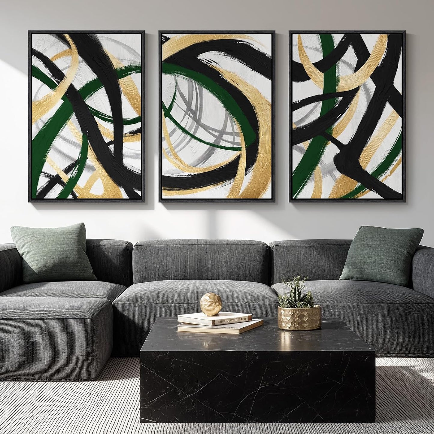 Large Framed Abstract Wall Art for Living Room, Set of 3 Modern Canvas Prints Painting Artwork for Walls, Black Green and Gold Brush Stroke Pictures for Hallway Dining Room Office Wall Decor 24x36 In