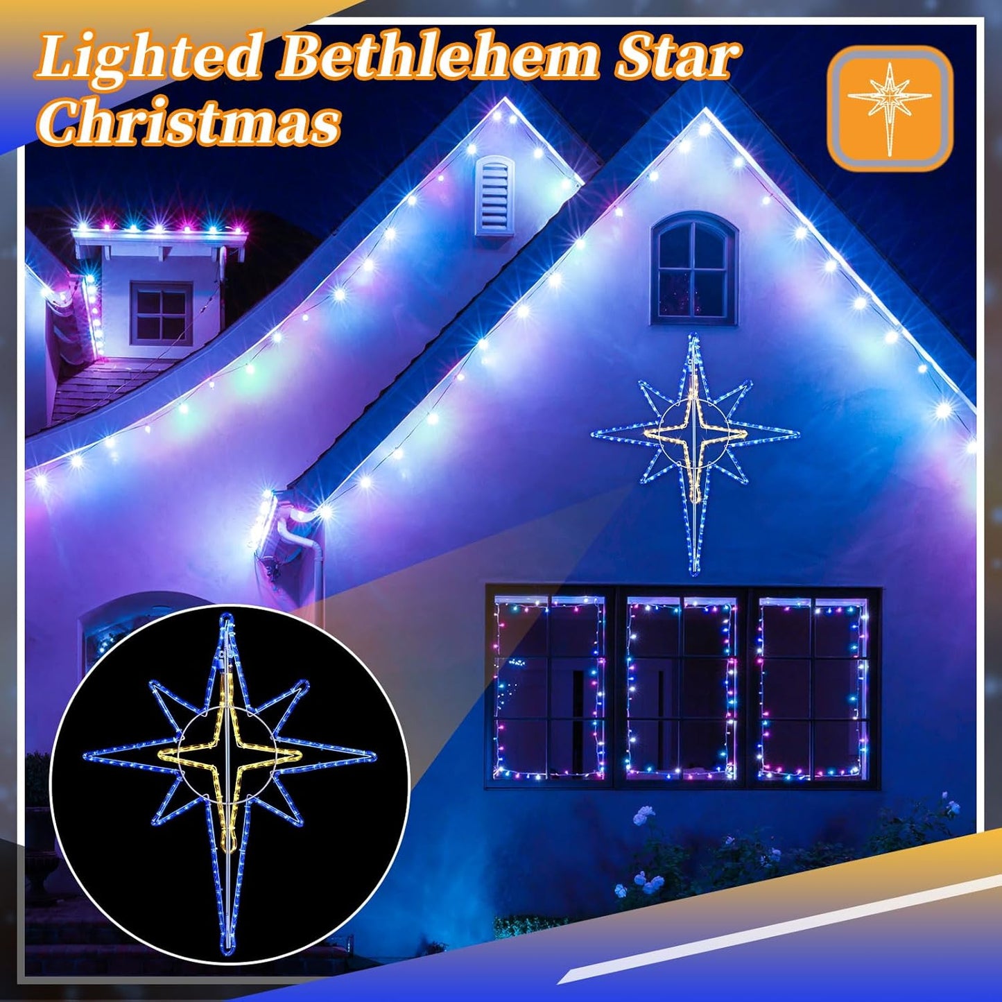 36'' Christmas Star of Bethlehem LED Star Hanging Lights Nativity Holy Family Light for Door Window Porch Wall Decoration Plug Operated Lighted Hanging Tree Topper(Blue, Warm Light)