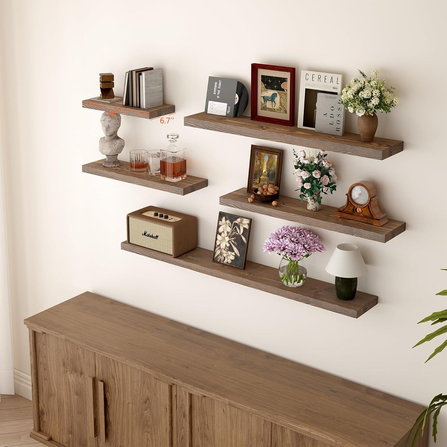 BGMG Wood Floating Shelves for Wall 18 inch Set of 2, Rustic Wooden Wall Mount Shelves for Bathroom Living Room Bedroom Kitchen Farmhouse Set of 2-18x 6.7 x1.25 inch- Walnut Color