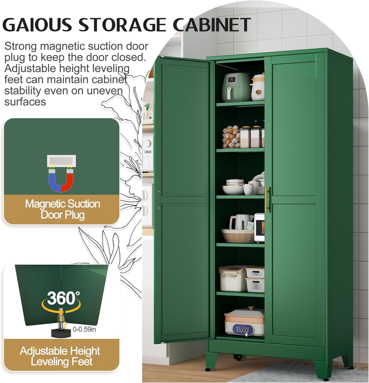 75.2" Tall Kitchen Food Pantry, Pantry Cabinet with 2 Door and 5 Adjustable Shelves, Green Laundry Room Cabinets, Freestanding Pantry for Kitchen, Study Room, Dining Room and Entryway