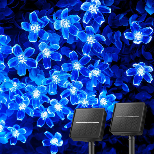Brightown 2 Pack Total 52FT 120 LED Solar Flower String Lights for Outside Waterproof Fairy Lights for Garden Yard Fence Patio Christmas Tree Wedding Party Decor, Blue