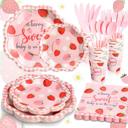 Strawberry Baby Shower Decorations for Girl, Berry Sweet Baby Shower Plates and Cups and Napkins Sets Serves 24, Strawberry Plates, A Berry Sweet Baby Is On The Way Decorations, Girl