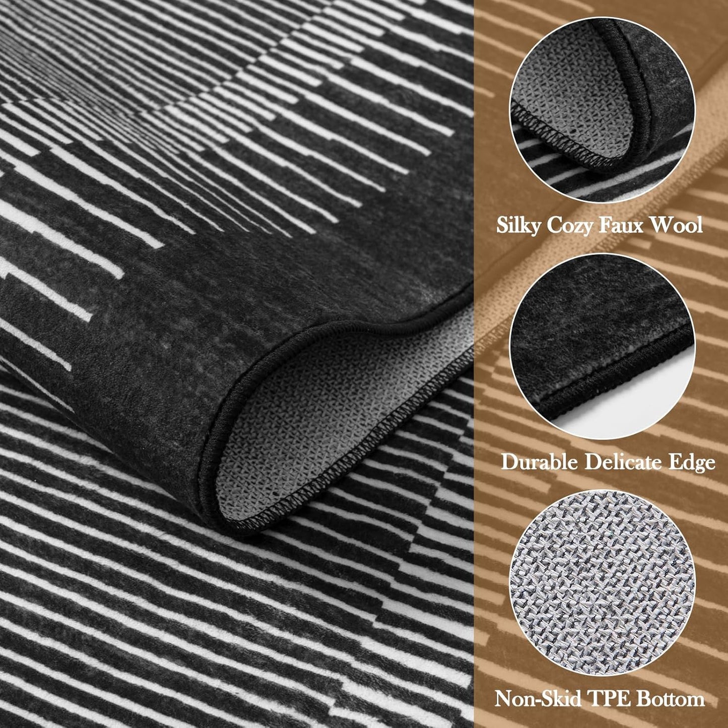 Wonnitar Striped Black Area Rugs 9x12 Living Room, Non-Slip Soft Berber Stripe Bedroom Rug, Low Pile Minimalist Floor Carpet for Dining Room Living Room Department (Black,9' x 12')