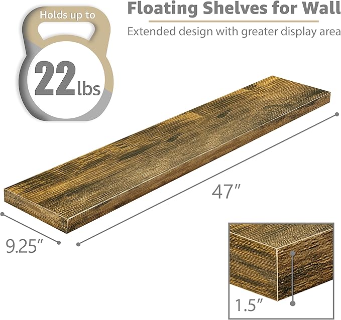 Sorbus Floating Shelves for Wall - 48 Inch Long Bathroom Shelves, Wall Decor for Bedroom, Kitchen, Living Room & Book Storage - Mounted Floating Shelf with Invisible Brackets (Rustic Brown, 3 Pack)