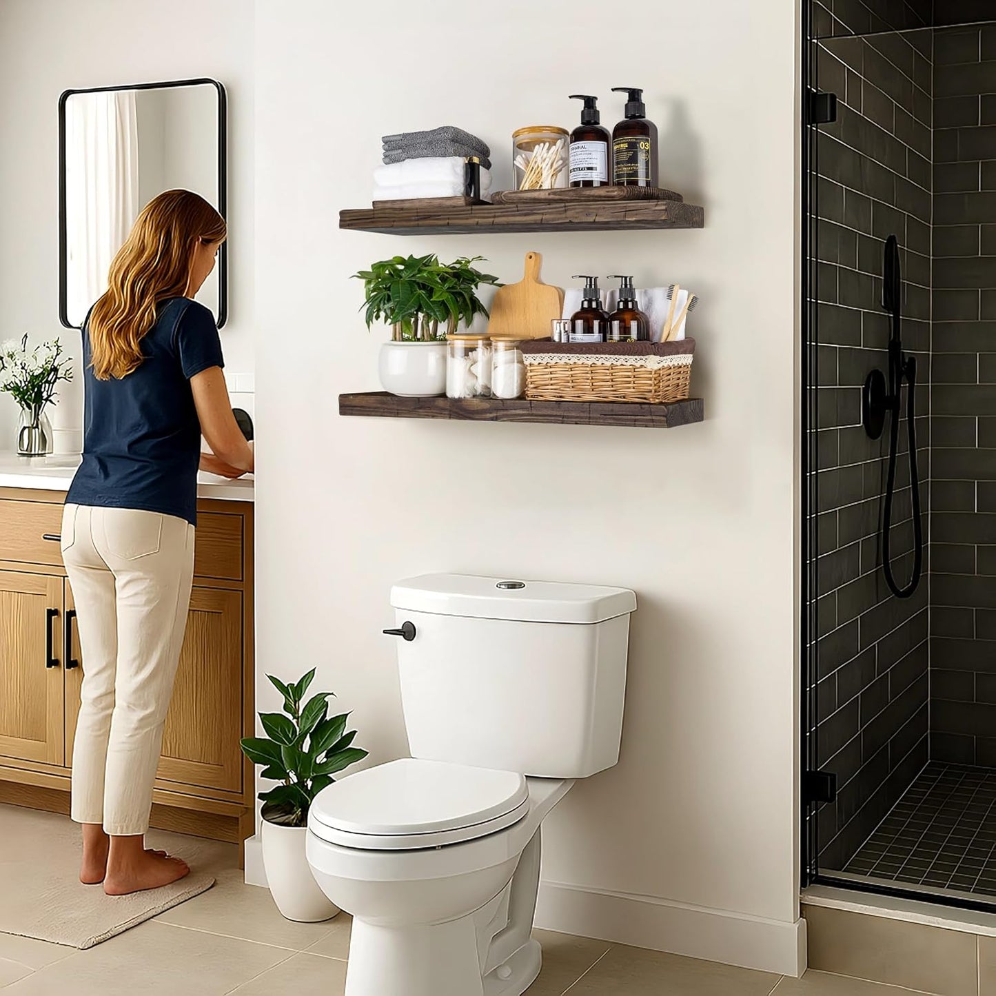 BGMG Wood Floating Shelves for Wall 30 inch, Distressed, Rustic Wooden Wall Mount Shelves for Bathroom Living Room Bedroom Kitchen Farmhouse Set of 2-30x6.7x1.25 inch-Distressed Walnut