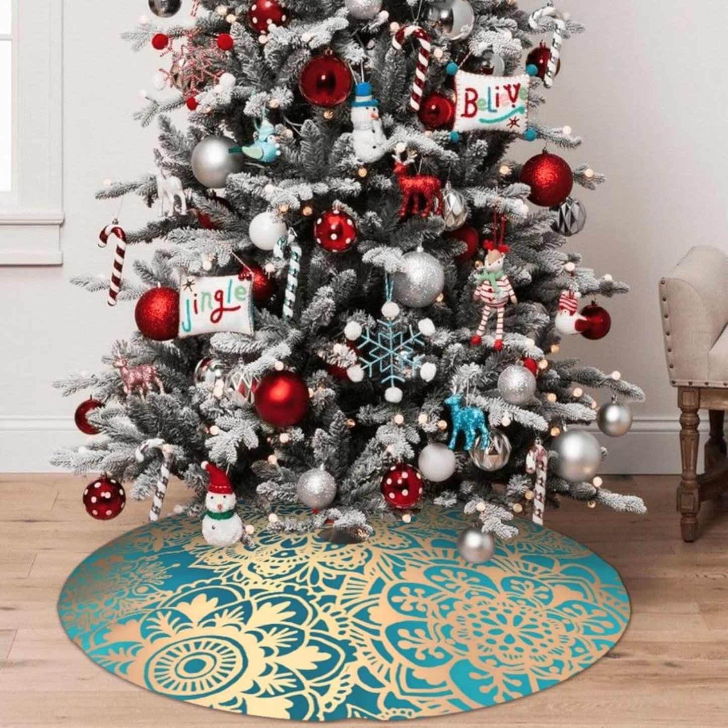 36" Large Christmas Tree Skirt, Elegant Teal Green Mandala Pattern Pattern Tree Mat Base Cover for Xmas Festive Holiday Party Decoration Ornaments