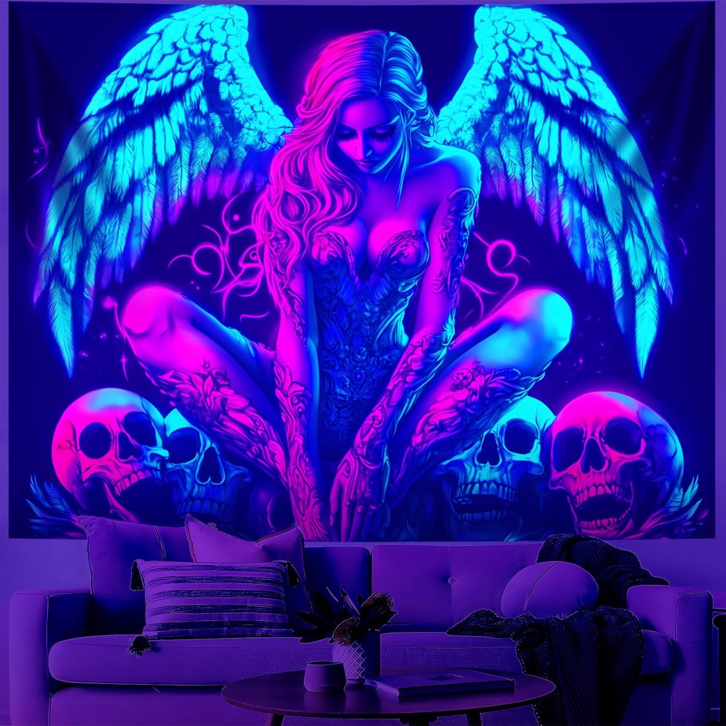Blacklight Tapestry,WingTapestry Glow In The Dark,UV Reactive Black Light Upright Posters Wall Hanging for Bedroom Dorm Living Room Backdrop Decor (wing15, 90L" x 70W")