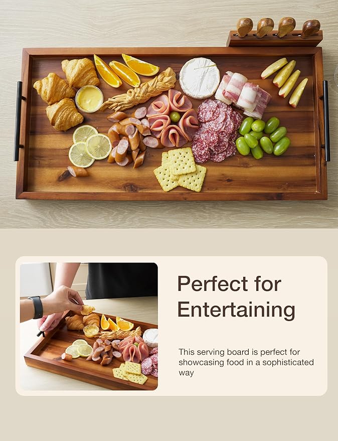 Acacia 30 Inch Large Charcuterie Board with Cheese Knife Set of 4 – Acacia Wood Serving Tray With Handles, Long Charcuterie Board, Large Charcuterie Boards for Party, Wooden Cheese Board