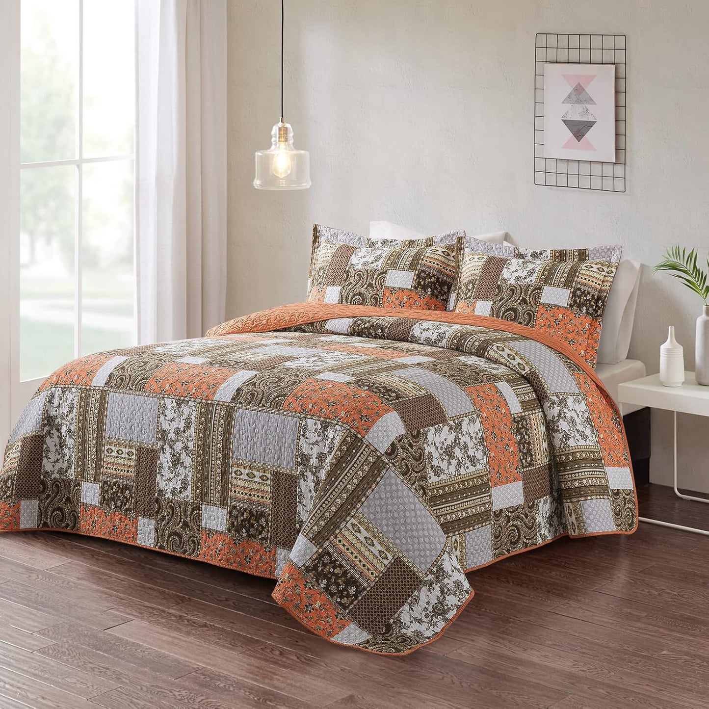 VAPUTAR Quilts Queen Size - Fall Cotton Quilt Set Quilted Bedspread Coverlet Lightweighet Bedding Set with Shams for All Season, 3 Piece Boho Patchwork Quitled Bedspread Queen Size (Dream Orange)
