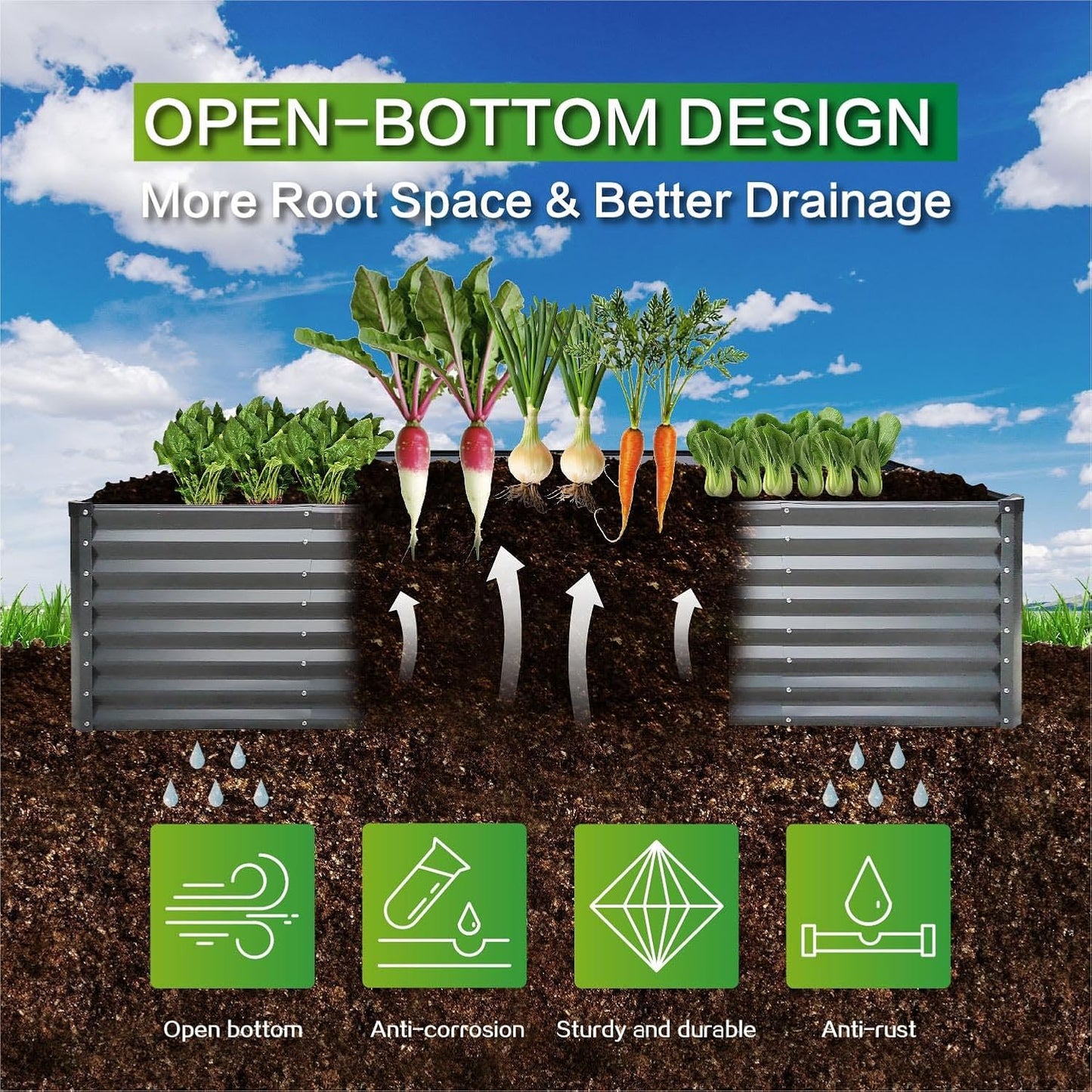 GARDMAX 8x4x2FT Galvanized Raised Garden Bed Kit, Metal Planter Boxes Outdoor with Easy Assembly, Large Garden Bed for Vegetables, Fruits, Flower, Herbs Rectangle Silver