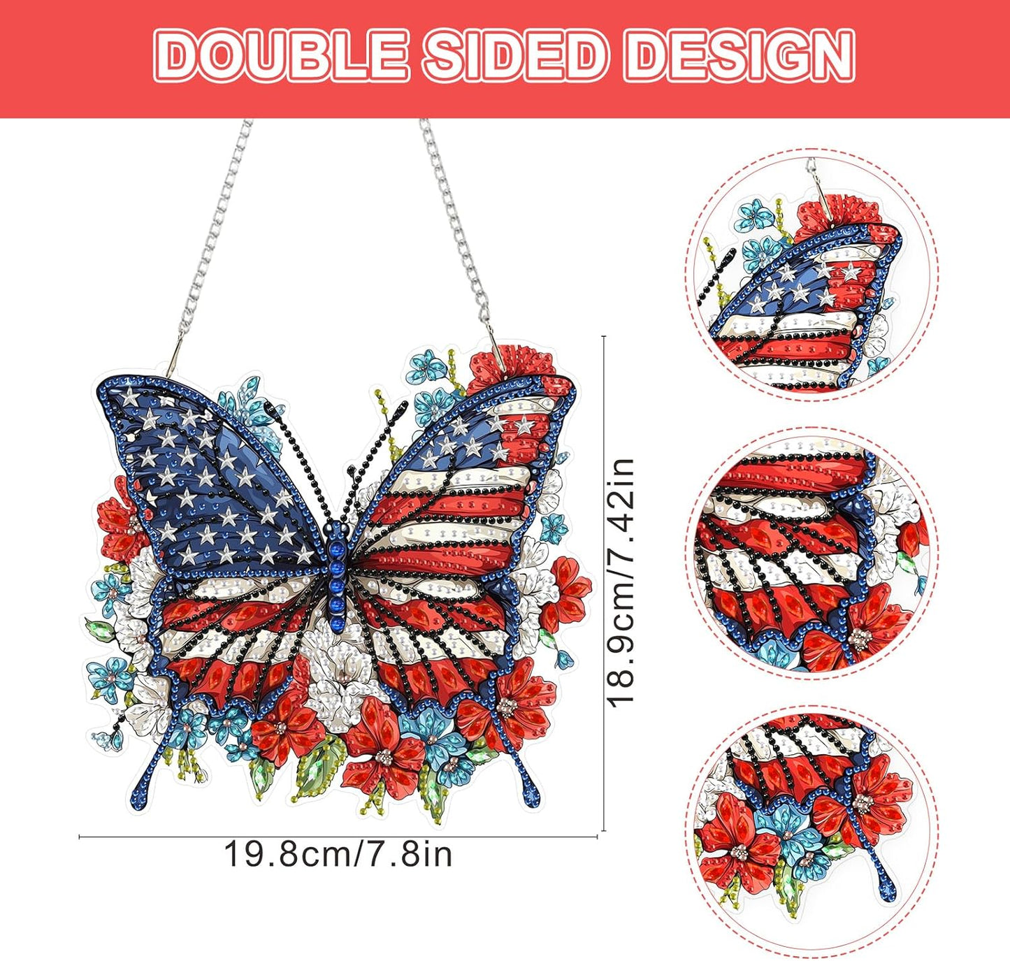 Lxmsja DIY Butterfly Diamond Painting Hanging Ornament, Double-Sided Acrylic American Flag Diamond Art Kit, Special Shaped Drill Pendant Window Art Kit, Suncatcher Hanging Craft Decoration 7×8 inch