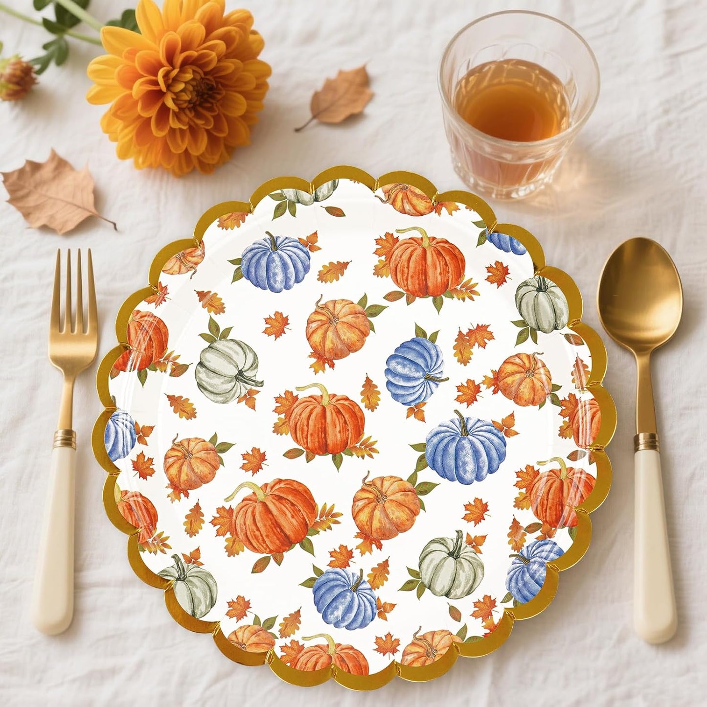 50 Pack Fall Pumpkins Paper Plates, 7inch Thanksgiving Dessert Plates Scalloped Foiled Edge Autumn Leaves Party Supplies for Harvest Friendsgiving Birthday Baby Showers Wedding Decorations